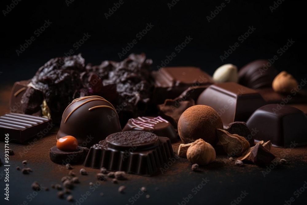 Poster a table topped with lots of different types of chocolates. generative ai