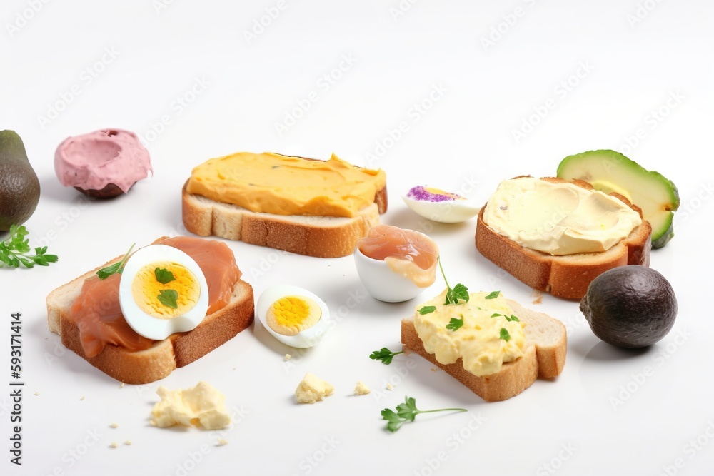 Poster a white table topped with different types of food and eggs. generative ai