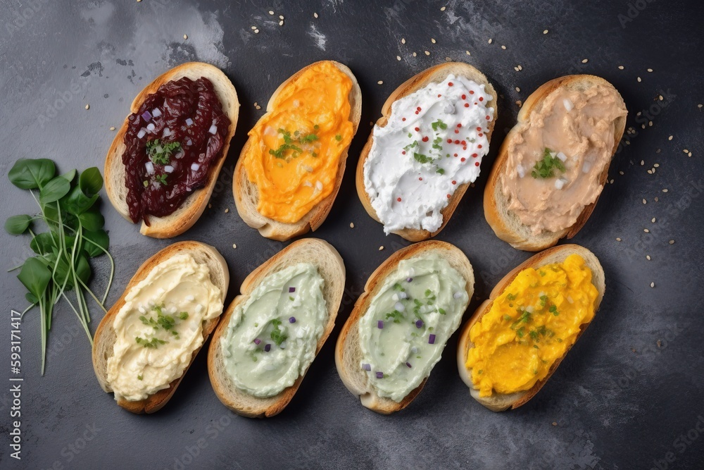 Poster a group of breads with different types of food on them. generative ai