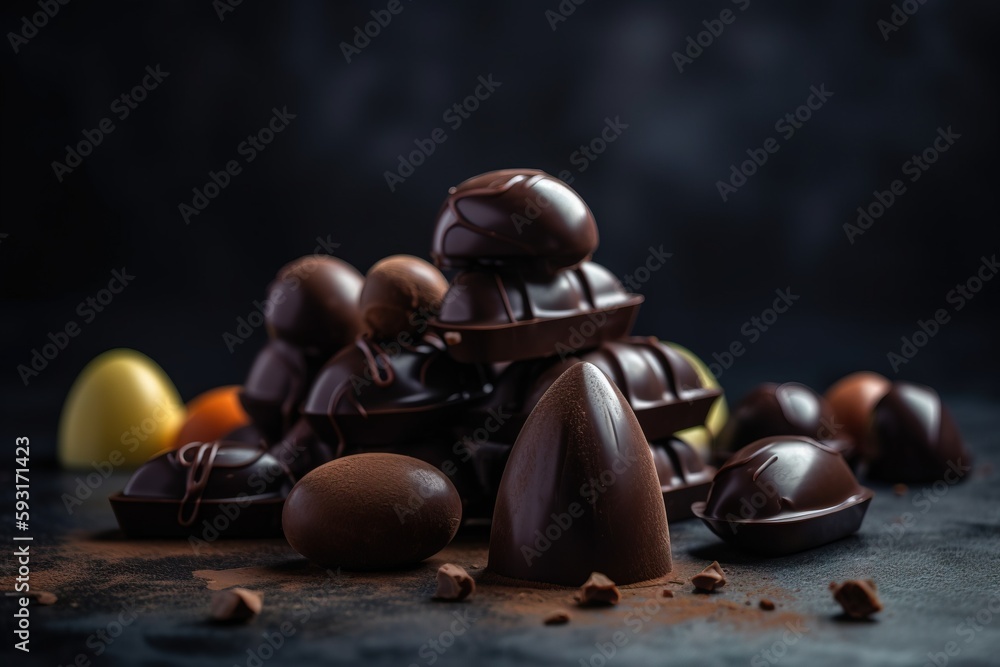 Poster a pile of chocolates sitting on top of a table. generative ai