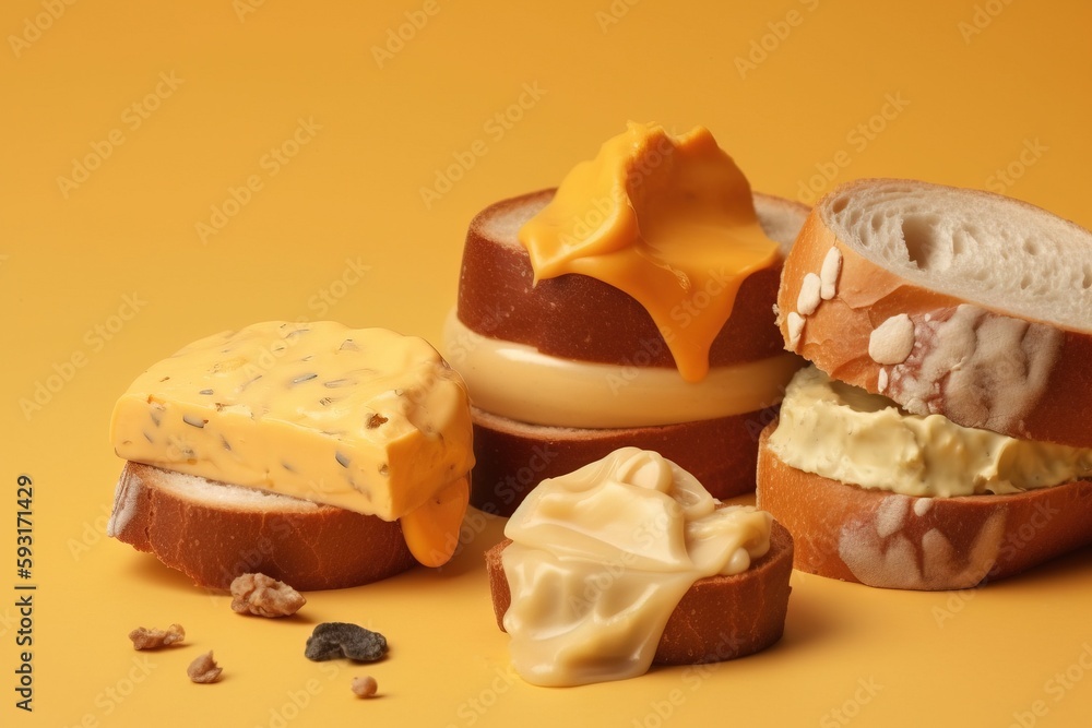 Poster a group of different types of food on a yellow background. generative ai