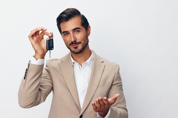 Naklejka premium service man holding auto car business hand key smile white buy