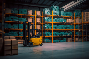 Working on a forklift in a modern automated warehouse. The boxes are on the shelves of the warehouse. Warehousing, machines concept. Warehouse logistics. Generative AI