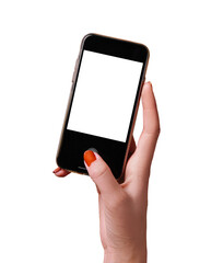 Female hands holding modern cellphone against white background