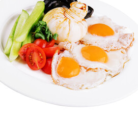 burrata with fresh vegetables and fried eggs