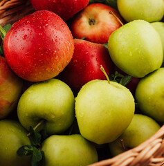 Close up of red and green apples with water drops
