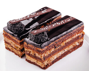 chocolate layered cakes slices on plate