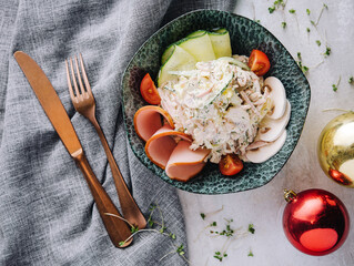 new year salad and christmas toys top view