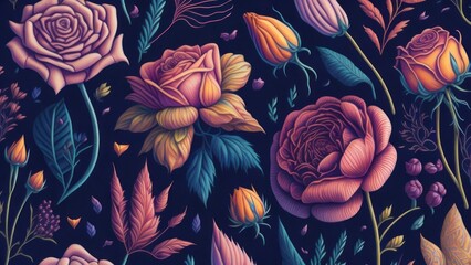 Seamless pattern with hand drawn roses and leaves 19 generative ai