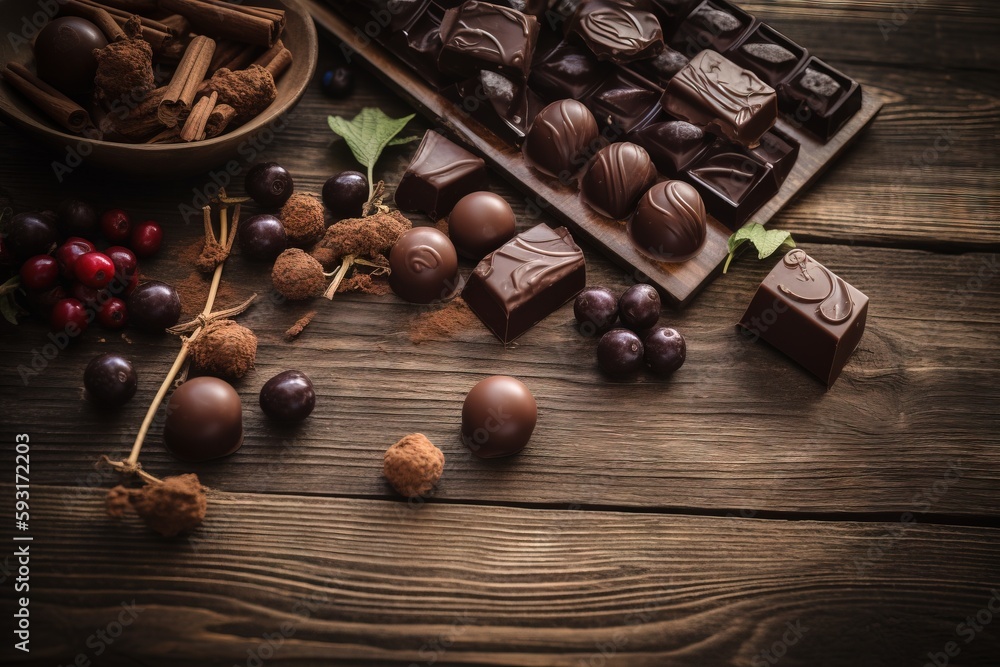 Poster a table topped with lots of chocolates and nuts next to a bowl of cherries. generative ai