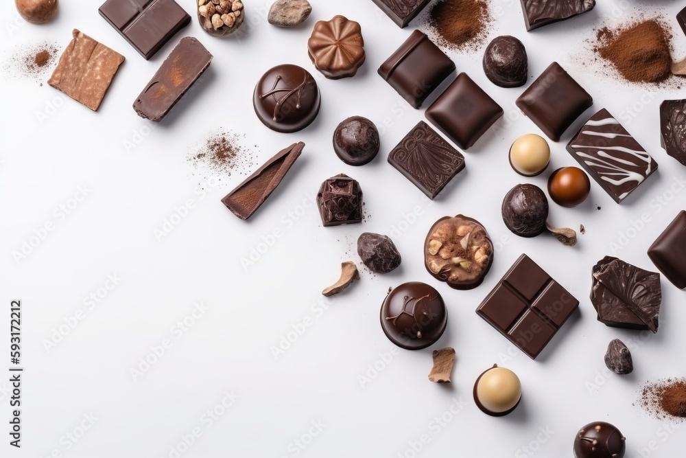 Poster a white table topped with lots of different types of chocolate. generative ai