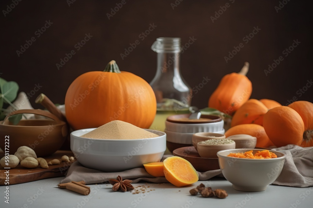 Poster a table topped with bowls filled with different types of food. generative ai