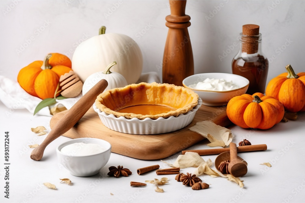 Poster a table topped with a pie pan filled with pumpkin pie. generative ai