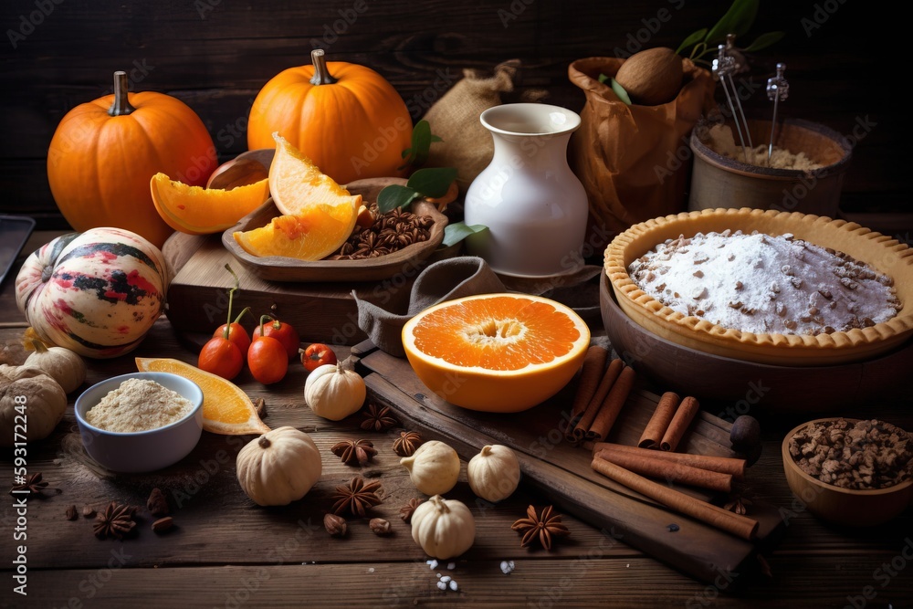 Poster a table topped with lots of different types of food and a pie. generative ai