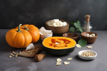  a table topped with bowls of food and a pumpkin on top of it.  generative ai