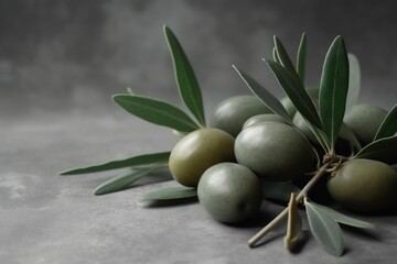  a bunch of olives with leaves on a table top.  generative ai