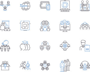 Business conference outline icons collection. Business, conference, seminar, symposium, forum, presentation, workshop vector and illustration concept set. trade, summit, expo linear signs