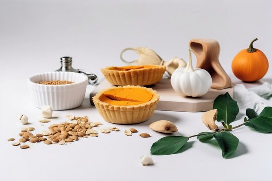  a white table topped with pumpkin pies and other foods.  generative ai