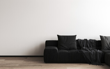 White interior empty white wall with black sofa, black pillows, black plaid on the sofa. Wooden floor, black plinth. 3d render illustration mock up. Template
