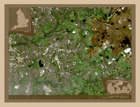 Tameside, England - Great Britain. Low-res satellite. Labelled points of cities