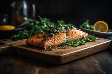  a wooden cutting board topped with salmon covered in sauce and greens.  generative ai