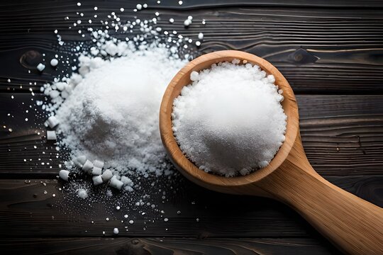 Magnesium sulfate or epsom salt powder on wooden background