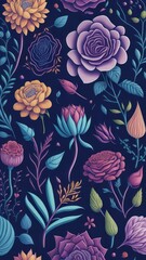 Seamless pattern with colorful flowers and leaves  natural illustration generative ai