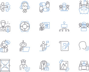 Mentorship outline icons collection. Mentoring, Tutelage, Guiding, Coaching, Advice, Tutoring, Support vector and illustration concept set. Sustenance, Monitoring, Nurture linear signs
