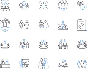 Fototapeta na wymiar Management conference outline icons collection. Management, Conference, Event, Seminar, Business, Strategies, Networking vector and illustration concept set. Leadership, Planning, Industry linear
