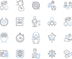 Assessment management outline icons collection. Assessment, Management, Evaluating, Rating, Testing, Measuring, Quantifying vector and illustration concept set. Scoring, Surveying, Analyzing linear
