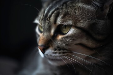  a close up of a cat's face with a dark background.  generative ai