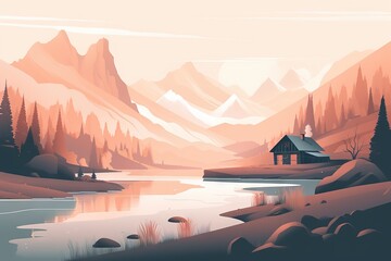 Fototapeta na wymiar a painting of a mountain landscape with a lake and a house. generative ai
