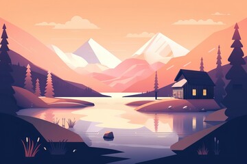  a painting of a mountain lake with a cabin on it.  generative ai