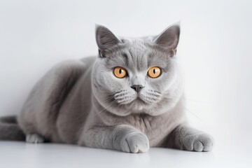  a gray cat with yellow eyes laying down on a white surface.  generative ai