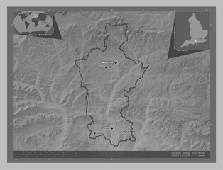 Test Valley, England - Great Britain. Grayscale. Labelled points of cities
