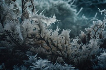  a close up of a bunch of plants with frost on them.  generative ai