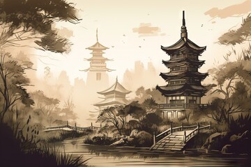  a painting of a pagoda in a forest with a river.  generative ai