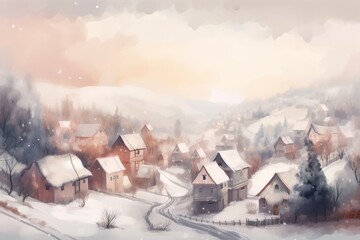  a painting of a snowy village with a train on the tracks.  generative ai