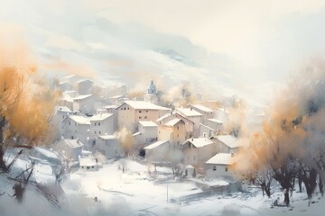  a painting of a snowy village with trees and houses in the background.  generative ai