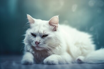  a white cat laying down on the floor looking at the camera.  generative ai