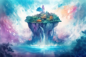  a painting of an island in the middle of the ocean.  generative ai