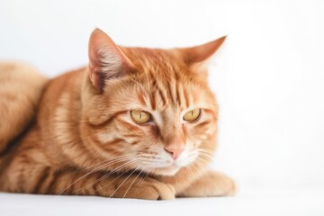  an orange cat laying down on a white surface looking at the camera.  generative ai
