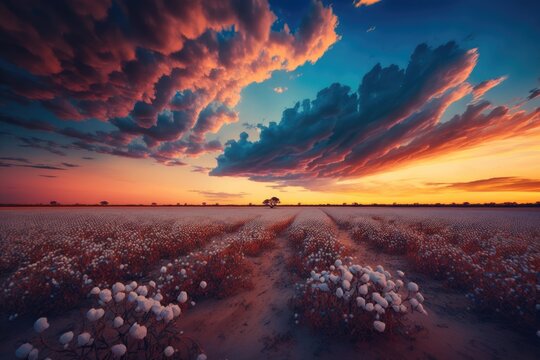 Colorful landscape image of sunset over cotton field with beautiful clouds in the sky. Generative AI