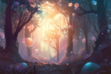  a digital painting of a forest with a bright light coming through the trees.  generative ai