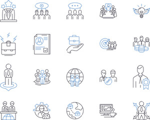 Business and administration outline icons collection. Accounting, Management, Organisation, Administration, Planning, Communication, Customer vector and illustration concept set. Policy, Market