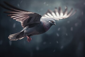  a pigeon flying through the air with its wings spread out.  generative ai