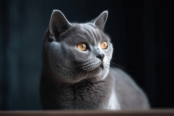  a gray cat with yellow eyes looking at the camera with a black background.  generative ai