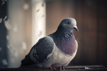 a pigeon is sitting on a ledge in a room with a window.  generative ai