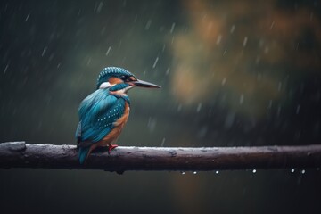  a colorful bird sitting on a branch in the rain with a blurry background.  generative ai