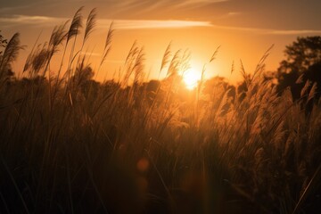  the sun is setting over a field of tall grass with tall grass in the foreground.  generative ai